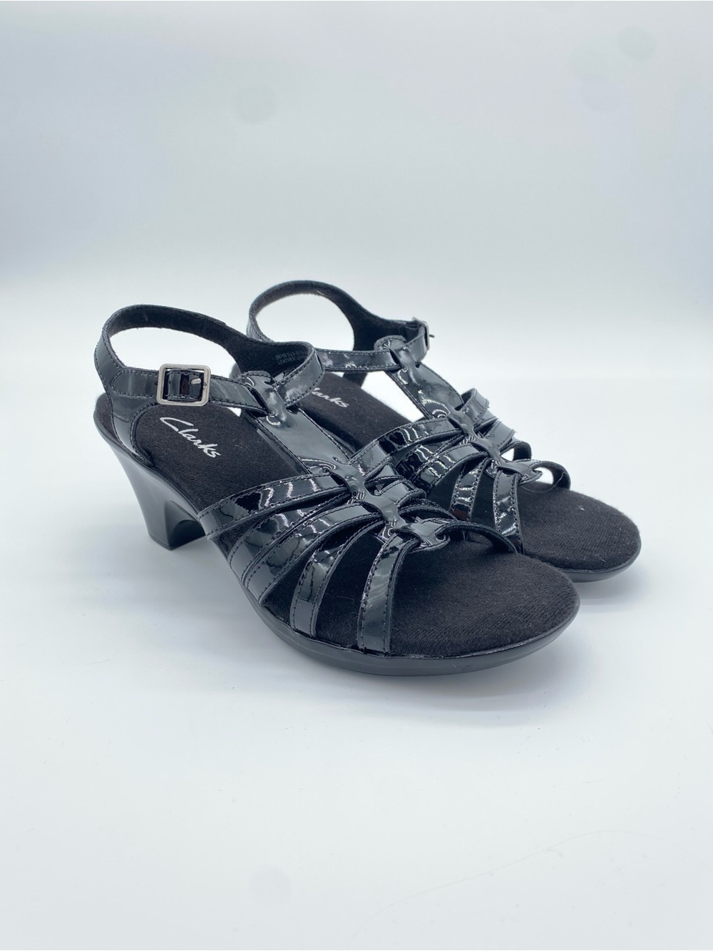 Vintage Clarks Black Patent Leather Sandals Womens 5.5 Block Heel Deadstock NOS